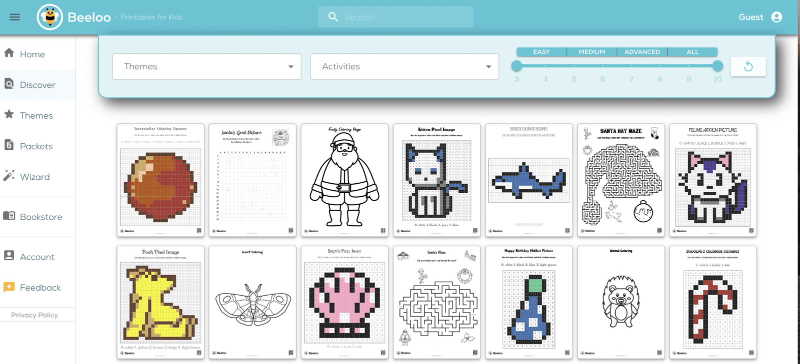 Homescreen of Beeloo showcasing printable worksheets for kids
